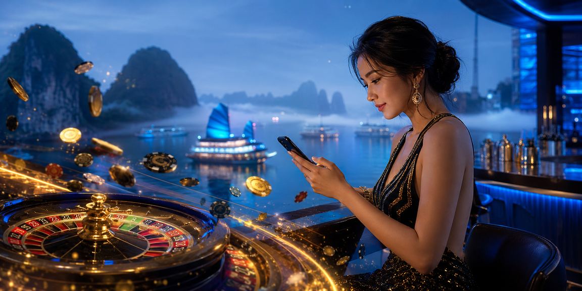Cảnh vịnh Hạ Long kết hợp với trải nghiệm casino trực tuyến đặc trưng Việt Nam