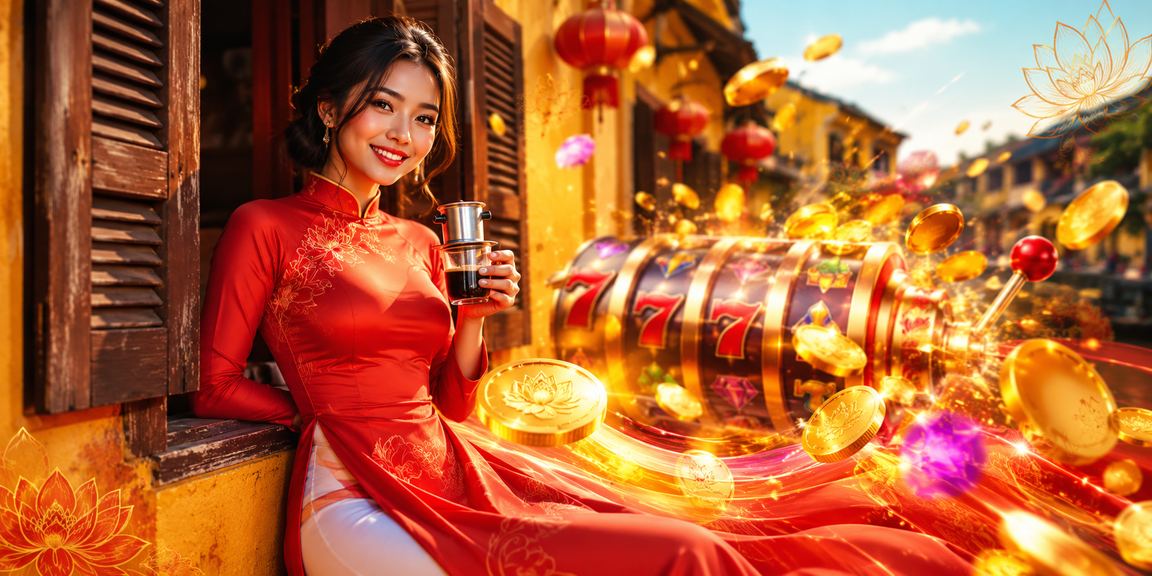 Người chơi mặc áo dài trải nghiệm slot game trực tuyến trong không gian Hội An